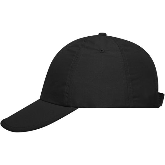 eine schwarze baseballkappe mit weißem hintergrund 6 Panel Pack-a-Cap - Faltbares 6 Panel Cap aus weicher Microfaser (Bild 1)