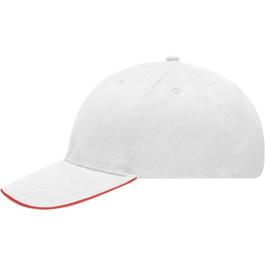 eine weiße baseballkappe mit rotem streifen Light Brushed Sandwich Cap - Hochwertige, leichte und weiche 6 Panel Cap (Bild 1)