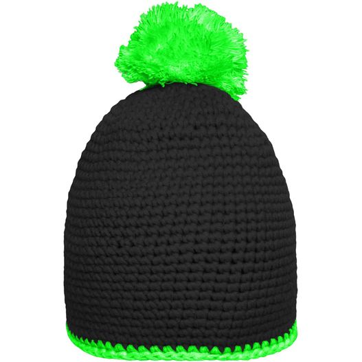 einen schwarzen und grünen hut mit einem pom Pompon Hat with Contrast Stripe - Häkelmütze mit Kontrastrand und Pompon (Bild 1)