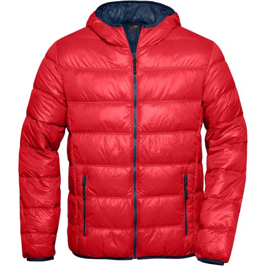 eine rote jacke mit kapuze und einem blauen kragen Men's Down Jacket - Ultraleichte Daunenjacke mit Kapuze in sportlichem Style (Bild 1)