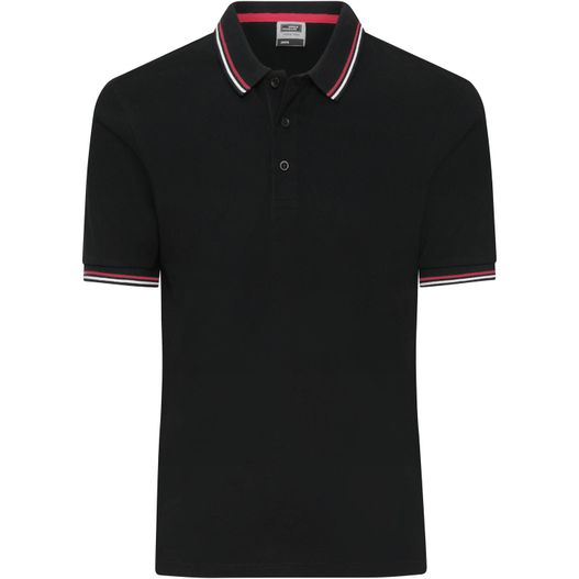 ein schwarzes poloshirt mit einem roten und weißen streifen am kragen Men's Polo - Klassisches Polo mit Kontraststreifen an Kragen und Armbündchen in Piqué-Qualität (Bild 1)