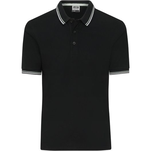 ein schwarzes poloshirt mit weißem streifen am kragen Men's Polo - Klassisches Polo mit Kontraststreifen an Kragen und Armbündchen in Piqué-Qualität (Bild 1)