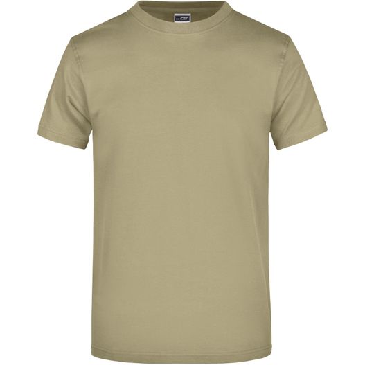 ein beige t-shirt mit einem weißen logo auf der brust Round-T Heavy (180g/m²) - Komfort-T-Shirt aus strapazierfähigem Single Jersey (Bild 1)