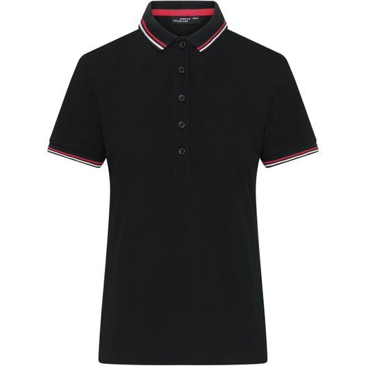 ein schwarzes poloshirt mit einem roten und weißen streifen Ladies' Polo - Klassisches Polo mit Kontraststreifen an Kragen und Armbündchen in Piqué-Qualität (Bild 1)