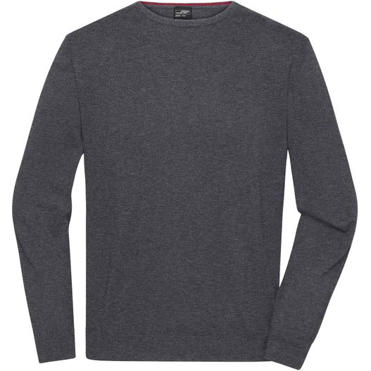 ein graues langarmshirt mit rotem streifen Men's Round-Neck Pullover - Klassischer Baumwoll-Pullover (Bild 1)