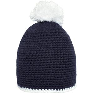 Pompon Hat with Contrast Stripe - Häkelmütze mit Kontrastrand und Pompon