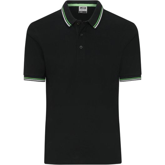ein schwarzes poloshirt mit grünen beschneidungen Men's Polo - Klassisches Polo mit Kontraststreifen an Kragen und Armbündchen in Piqué-Qualität (Bild 1)