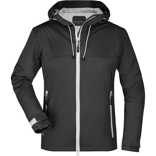 eine schwarze jacke mit kapuze und einem weißen reißverschluss Ladies' Outdoor Jacket - Ultraleichte Softshelljacke für extreme Wetterbedingungen (Bild 1)