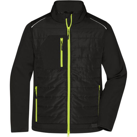 eine schwarze jacke mit neongelben reißverschluss Men's Hybrid Jacket - Softshelljacke im attraktiven Materialmix (Bild 1)