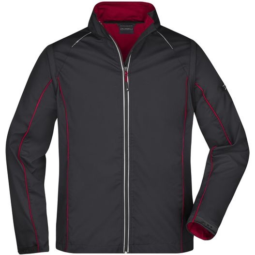 eine schwarze jacke mit roten trimmen und einem reißverschluss Men's Zip-Off Softshell Jacket - 2 in 1 Jacke mit abzippbaren Ärmeln (Bild 1)
