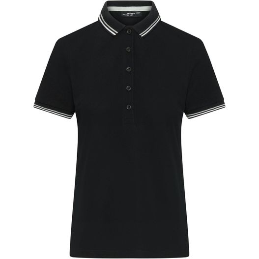 ein schwarzes poloshirt mit weißem kragen Ladies' Polo - Klassisches Polo mit Kontraststreifen an Kragen und Armbündchen in Piqué-Qualität (Bild 1)