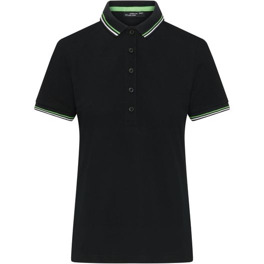 ein schwarzes poloshirt mit grünem streifen Ladies' Polo - Klassisches Polo mit Kontraststreifen an Kragen und Armbündchen in Piqué-Qualität (Bild 1)