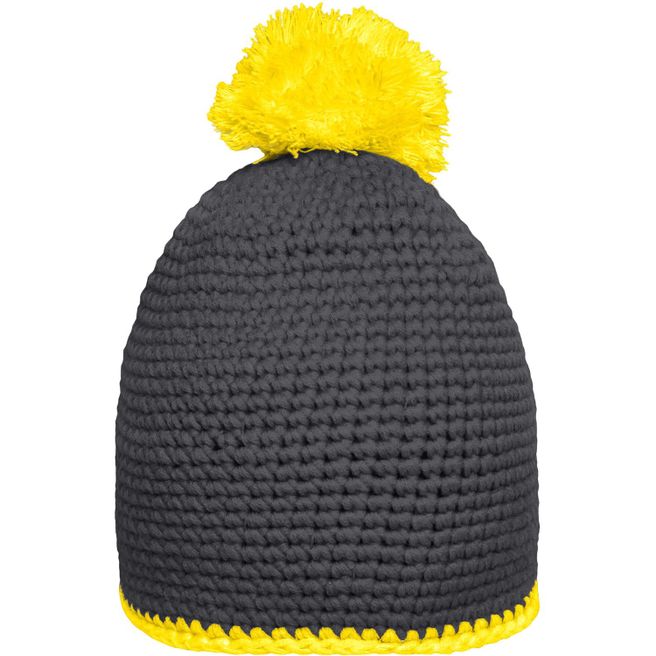 Pompon Hat with Contrast Stripe - Häkelmütze mit Kontrastrand und Pompon