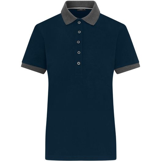 ein dunkelblaues poloshirt mit grauem kragen Ladies' Polo - Klassisches Polo mit kontrastfarbigem Kragen und Armbündchen in Piqué-Qualität (Bild 1)