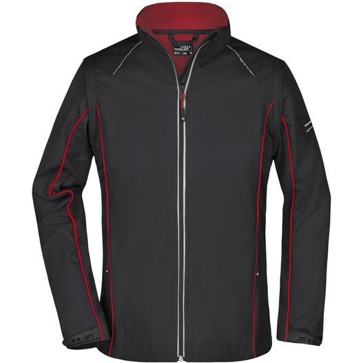 eine schwarze jacke mit roten pips und einem reißverschluss Ladies' Zip-Off Softshell Jacket - 2 in 1 Jacke mit abzippbaren Ärmeln (Bild 1)