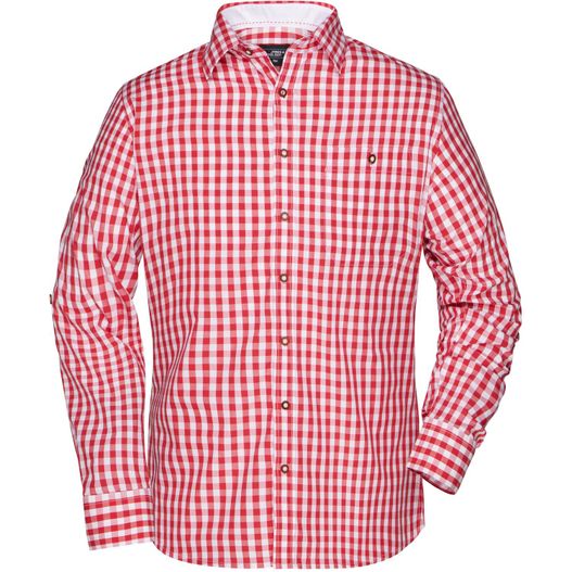 ein rotes und weißes shirt mit weißem kragen Men's Traditional Shirt - Damenbluse und Herrenhemd im klassischen Trachtenlook (Bild 1)