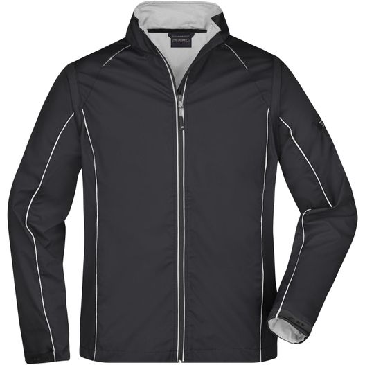 eine schwarze jacke mit weißen pips und einem reißverschluss Men's Zip-Off Softshell Jacket - 2 in 1 Jacke mit abzippbaren Ärmeln (Bild 1)