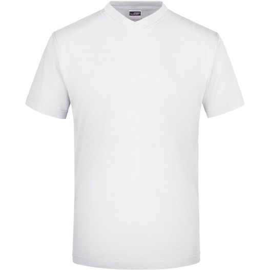 ein weißes t-shirt mit schwarzem logo auf der brust V-T Medium - Komfort-V-Neck-T aus Single Jersey (Bild 1)