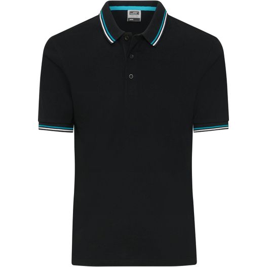 ein schwarzes poloshirt mit blauem streifen am kragen Men's Polo - Klassisches Polo mit Kontraststreifen an Kragen und Armbündchen in Piqué-Qualität (Bild 1)