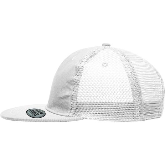 ein weißer hut mit einem schwarzen fleck auf der vorderseite 6 Panel Flat Peak Cap - 6 Panel Mesh Cap mit flachem Schild (Bild 1)