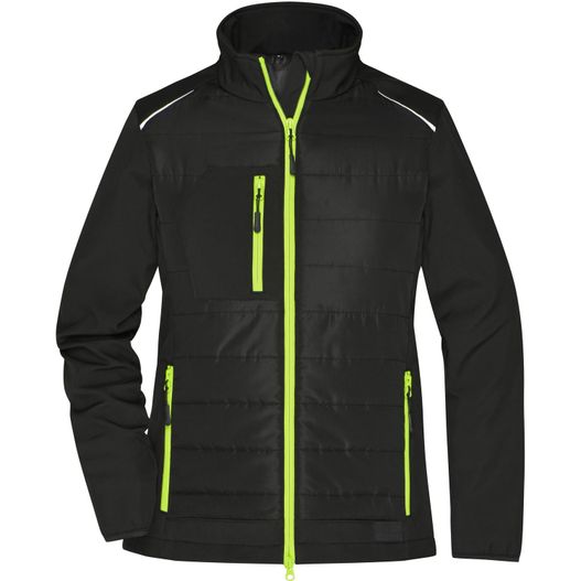eine schwarze jacke mit neongelben trimmen Ladies' Hybrid Jacket - Softshelljacke im attraktiven Materialmix (Bild 1)