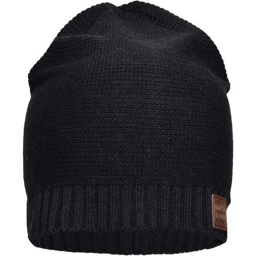 eine schwarze strickmütze mit einem lederpatch Cotton Hat - Moderne Baumwoll-Strickmütze (Bild 1)