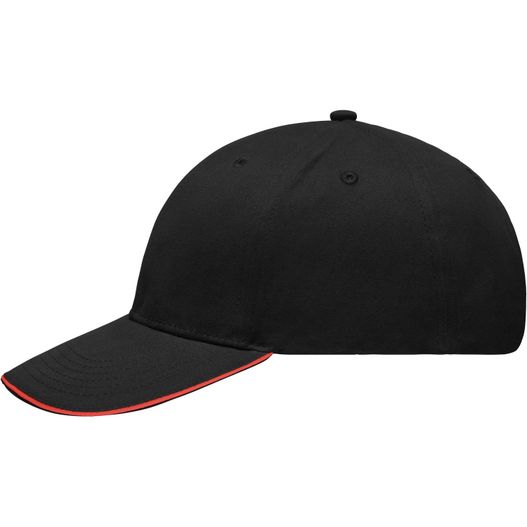 eine schwarze baseballkappe mit rotem streifen Light Brushed Sandwich Cap - Hochwertige, leichte und weiche 6 Panel Cap (Bild 1)