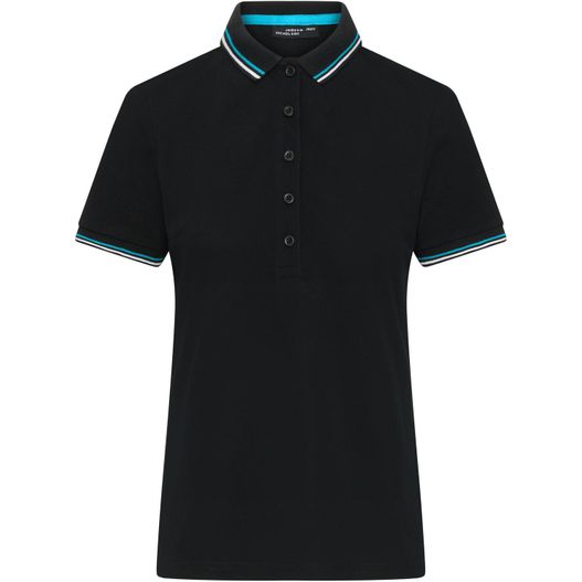 ein schwarzes poloshirt mit blauem streifen am kragen Ladies' Polo - Klassisches Polo mit Kontraststreifen an Kragen und Armbündchen in Piqué-Qualität (Bild 1)