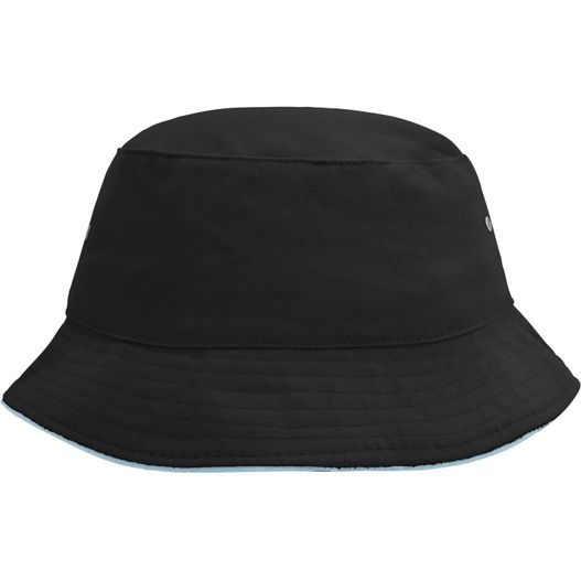 ein schwarzer eimerhut mit einem weißen logo auf der vorderseite Fisherman Piping Hat - Trendiger Hut aus weicher Baumwolle (Bild 1)