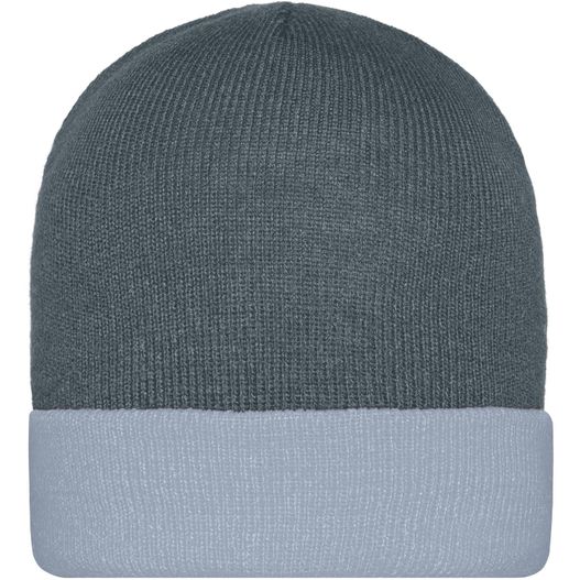 ein grauer und blauer hut mit einem weißen streifen Knitted Cap - Klassische Strickmütze mit Umschlag (Bild 1)