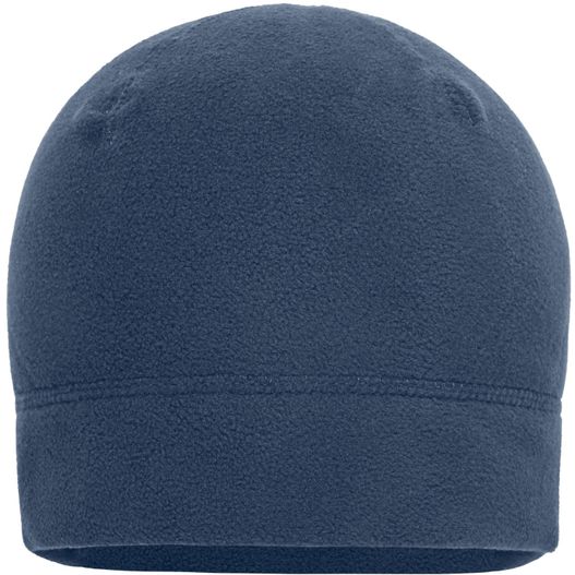 ein blauer hut mit einem weißen logo auf ihm Microfleece Cap - Fleecemütze mit zierenden Flachnähten (Bild 1)