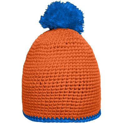 Pompon Hat with Contrast Stripe - Häkelmütze mit Kontrastrand und Pompon