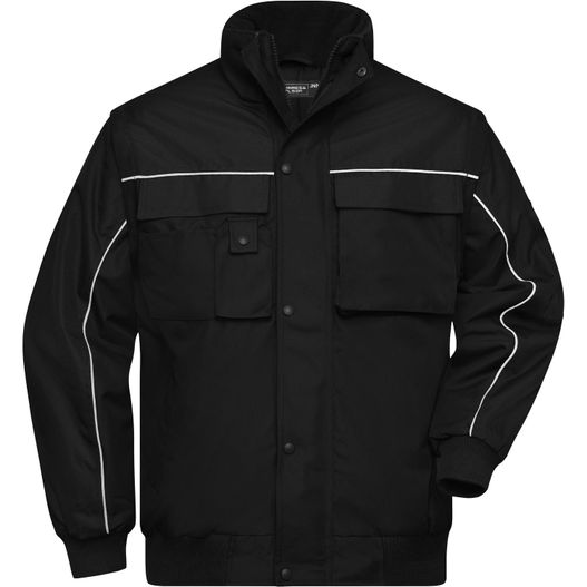 eine schwarze jacke mit weißen pips und einem reißverschlusskragen Workwear Jacket - Robuste, wattierte Jacke mit abnehmbaren Ärmeln (Bild 1)