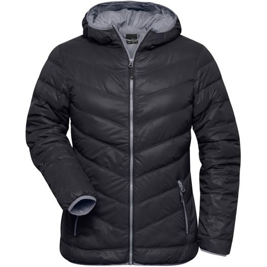 eine schwarze jacke mit kapuze und reißverschluss Ladies' Down Jacket - Ultraleichte Daunenjacke mit Kapuze in sportlichem Style (Bild 1)