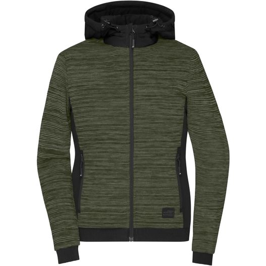 eine grüne jacke mit kapuze und einem schwarzen reißverschluss Ladies' Padded Hybrid Jacket - Wattierte Strickfleece Jacke im attraktiven Materialmix (Bild 1)