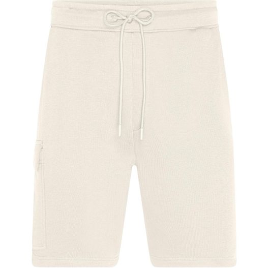 eine weiße shorts mit einem zug auf der seite Men's Lounge Shorts - Modische, kurze Sweathose aus BIO-Baumwolle im Cargo-Style (Bild 1)