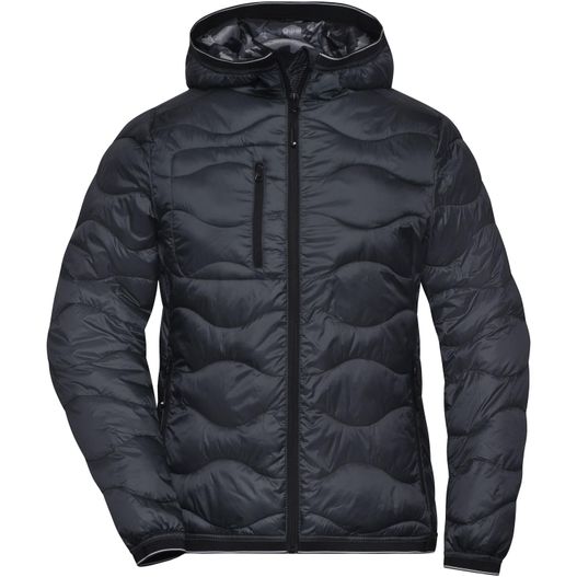 eine schwarze jacke mit kapuze und reißverschluss Ladies' Padded Jacket - Gesteppte Jacke mit sorona®AURA Wattierung (nachwachsender, pflanzlicher Rohstoff) (Bild 1)