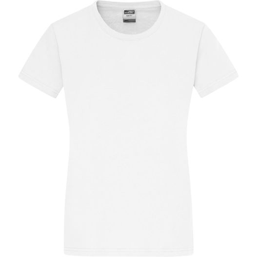 ein weißes t-shirt auf weißem hintergrund Ladies' Slim Fit-T - Figurbetontes Rundhals-T-Shirt (Bild 1)