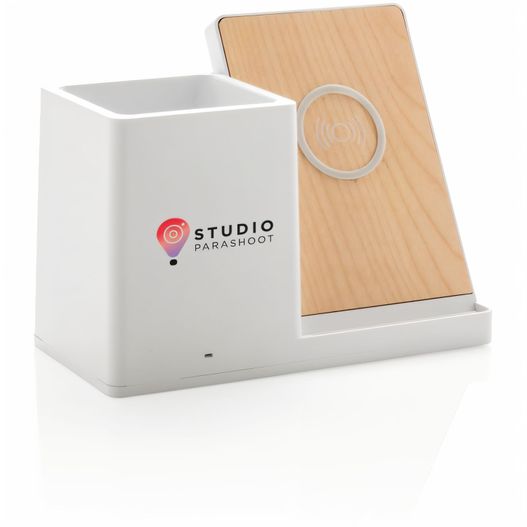 eine weiße box mit einem hölzernen ständer und einem hölzernen telefonhalter Ontario 10W Wireless Charger aus Bambus und RCS Kunststoff (Bild 1)