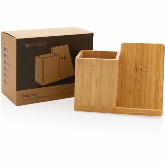 eine holzbox mit holzständer innen Calgary kabelloses 10W-Ladegerät aus Bambus (Bild 1)