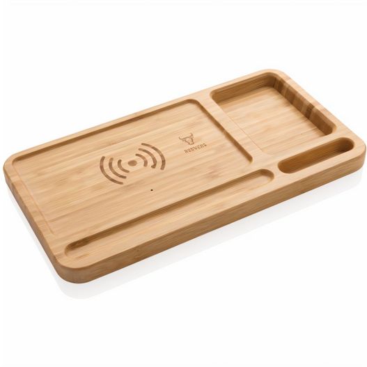 ein bambus-tablet mit einer kabellosen maus auf ihm Bambus Desk Organizer mit 10W Wireless Charger (Bild 1)