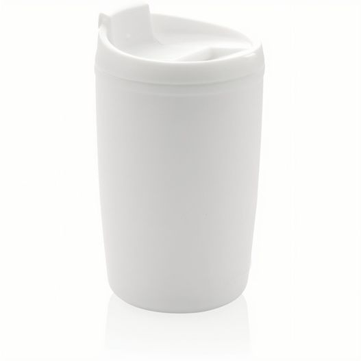 eine weiße tasse mit einem deckel und einem löffel GRS recycelter PP-Becher mit Flip-Deckel (Bild 1)