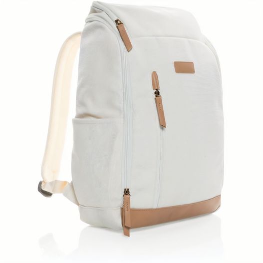 der rucksack ist weiß und hat tan straps Impact AWARE™ 16 oz. r recyceltem canvas 15" Laptop-Rucksack (Bild 1)