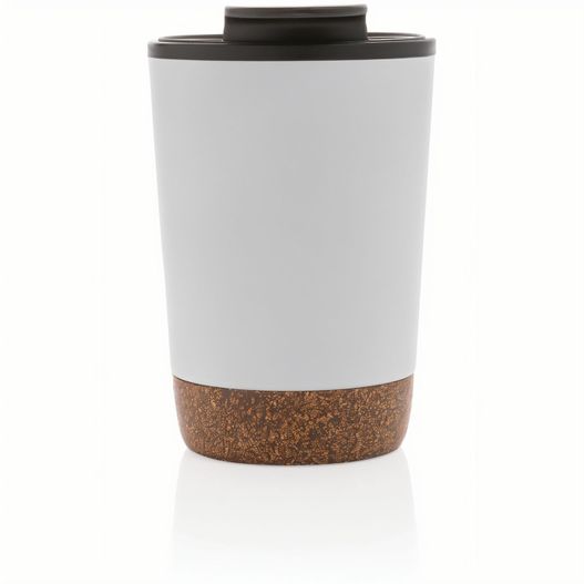 eine weiße tasse mit korkboden und schwarzem deckel GRS rPP Edelstahl-Kaffeebecher mit Kork (Bild 1)