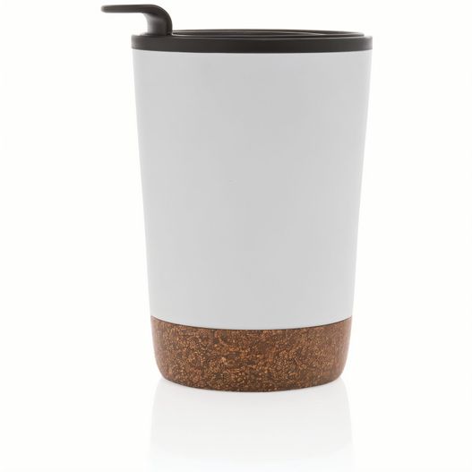 eine weiße tasse mit einem schwarzen deckel und einem korkboden GRS rPP Edelstahl-Kaffeebecher mit Kork (Bild 1)
