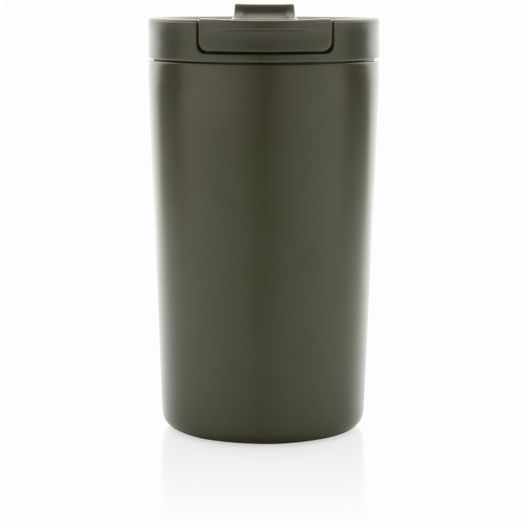 eine grüne kaffeetasse mit einem deckel auf einer weißen oberfläche Doppelwandiger Vakuum-Becher aus RCS recyceltem SS (Bild 1)