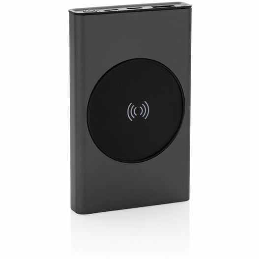 eine schwarze powerbank mit einem drahtlosen knopf Terra 5000mAh Powerbank aus RCS Aluminium, 5W Wireless (Bild 1)