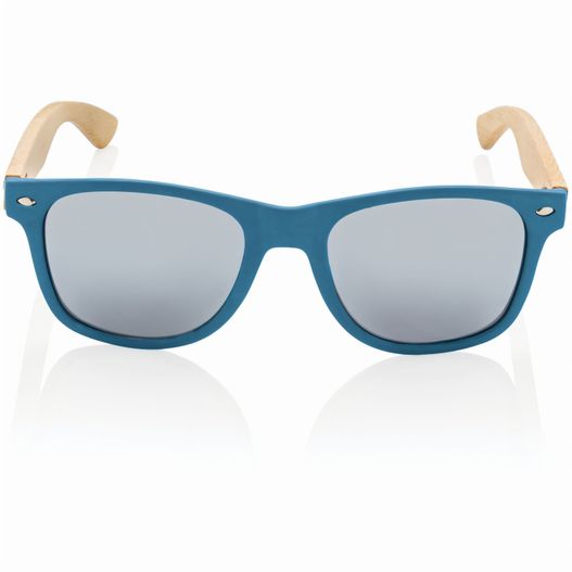 ein paar sonnenbrillen mit holzarmen und einem blauen rahmen Sonnenbrille aus Bambus und RCS recyceltem Kunststoff (Bild 1)