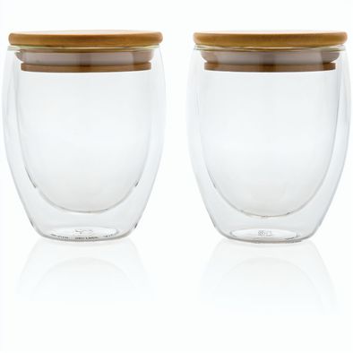 Produktabbildung 2-tlg Set Borosilikatgläser mit Bambusdeckel 250ml 2-tlg Set Borosilikatgläser mit Bambusdeckel 250ml