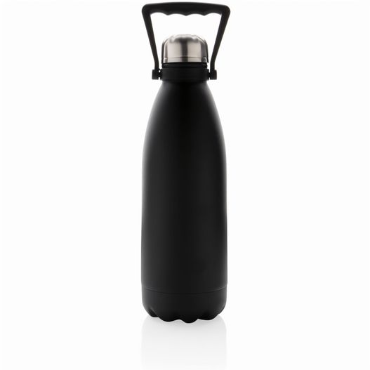 eine schwarze flasche mit einem griff auf weißem hintergrund Große Vakuumflasche aus RCS recyceltem Stainless-Steel 1,5L (Bild 1)